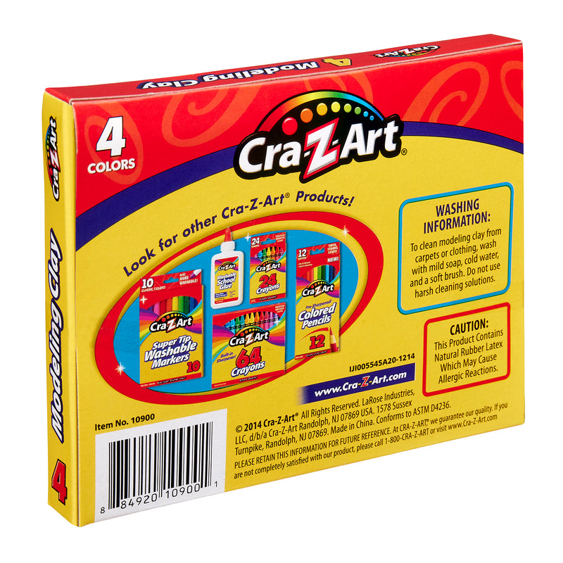 The back of a 4 Color Modeling Clay, 4 pieces per 4 Color, 16 pieces Total box, displaying other products from the brand, washing information, and a caution about allergens. The box includes four colors of clay and a barcode at the bottom.