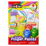 Cra-Z-Art Washable Finger Paints: Unleash Creativity with 4 Colors, Sponges, and Paper for Kids 3+, containing 4 paint jars, sponge shapes, a spatula, and paper. "Everything A Little Artist Needs to Paint & Create!" Includes a warning about small parts.