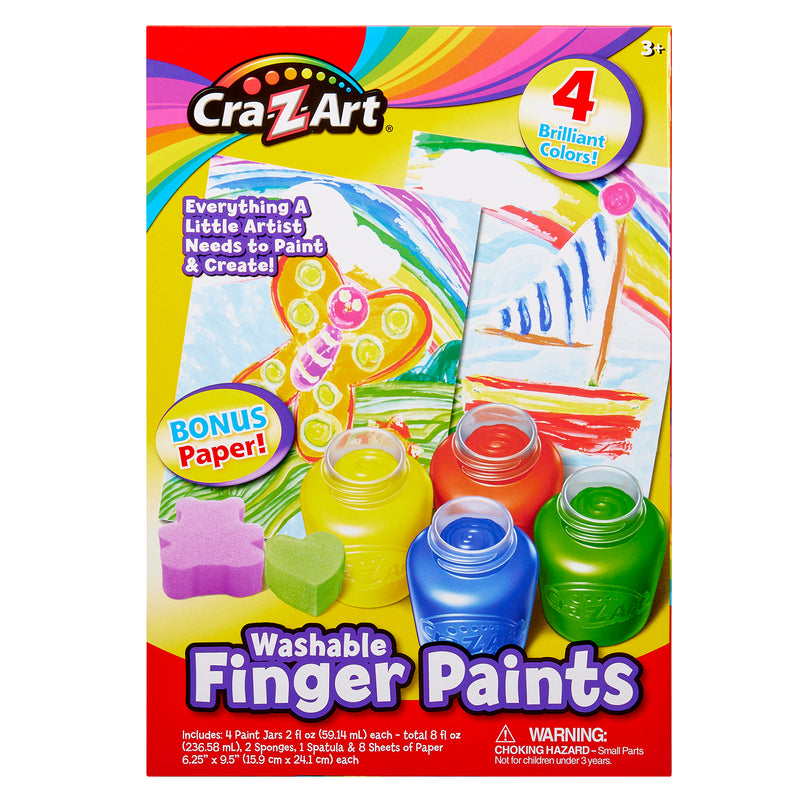 Cra-Z-Art Washable Finger Paints: Unleash Creativity with 4 Colors, Sponges, and Paper for Kids 3+, containing 4 paint jars, sponge shapes, a spatula, and paper. "Everything A Little Artist Needs to Paint & Create!" Includes a warning about small parts.