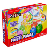 A box of Cra-Z-Art Washable Finger Paints: Unleash Creativity with 4 Colors, Sponges, and Paper for Kids 3+ featuring four jars of different colors, a butterfly painting, and the text "Everything A Little Artist Needs to Paint & Create!" Includes bonus paper and a spatula.