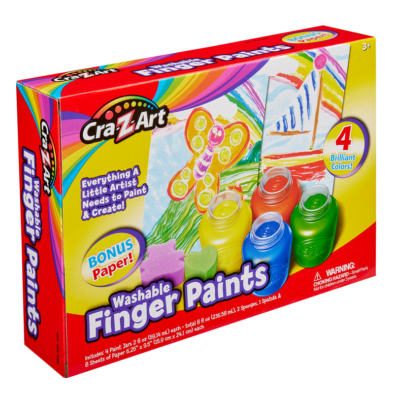 A box of Cra-Z-Art Washable Finger Paints: Unleash Creativity with 4 Colors, Sponges, and Paper for Kids 3+ featuring four jars of different colors, a butterfly painting, and the text "Everything A Little Artist Needs to Paint & Create!" Includes bonus paper and a spatula.