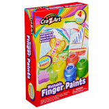 A box of Cra-Z-Art Washable Finger Paints: Unleash Creativity with 4 Colors, Sponges, and Paper for Kids 3+. Packaging shows colorful paint bottles and a child's artwork. Suitable for ages 3 and up.