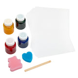Art supplies including Cra-Z-Art Washable Finger Paints: Unleash Creativity with 4 Colors, Sponges, and Paper for Kids 3+, a wooden stick, a pink bear-shaped sponge, and a blue heart-shaped sponge.