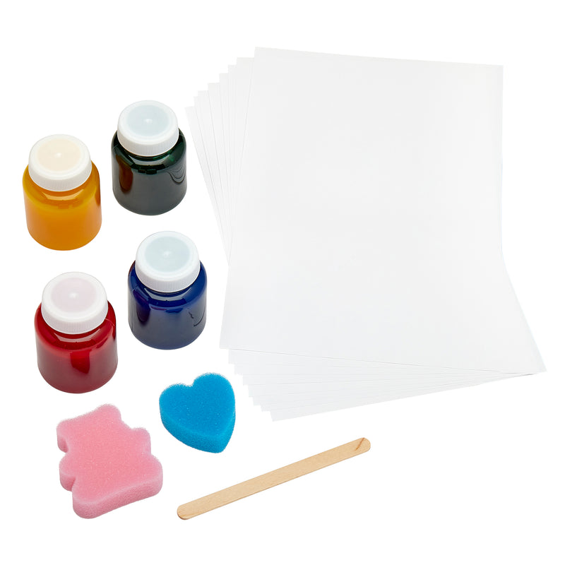 Art supplies including Cra-Z-Art Washable Finger Paints: Unleash Creativity with 4 Colors, Sponges, and Paper for Kids 3+, a wooden stick, a pink bear-shaped sponge, and a blue heart-shaped sponge.