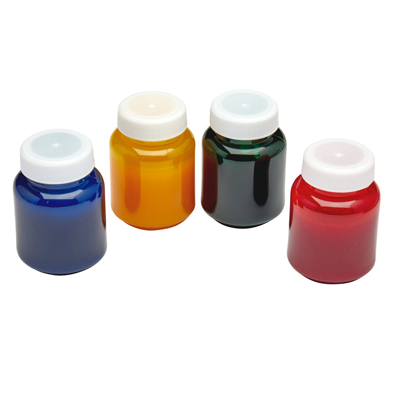 Four **Cra-Z-Art Washable Finger Paints: Unleash Creativity with 4 Colors, Sponges, and Paper for Kids 3+** filled with colorful paint in blue, yellow, green, and red, each sealed with a white screw-on lid, are arranged on a plain white background.