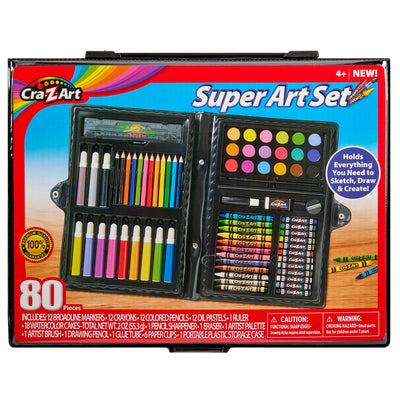 A Cra-Z-Art Super Art Set 80 pieces: Endless Creativity, Portable Collection for Artists of All Ages! with markers, crayons, colored pencils, oil pastels, ruler, palette, watercolors, brush, sharpener, pencil, eraser, artist pad, glue, paper clips and scissors.