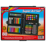 Cra-Z-Art Super Art Set 80 pieces: Endless Creativity, Portable Collection for Artists of All Ages! box with 80 pieces, featuring colored pencils, crayons, markers, watercolor paints, and various art supplies. Suitable for ages 4 and up. Rendered on a colorful, branded background.