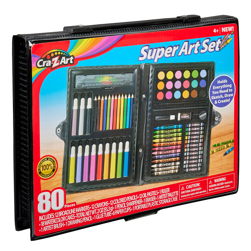 A Cra-Z-Art Super Art Set 80 pieces: Endless Creativity, Portable Collection for Artists of All Ages!, including markers, colored pencils, pastels, and more, displayed in a black carrying case.