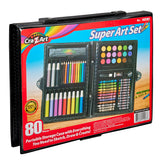 Sure! Here is the updated sentence:

A Cra-Z-Art Super Art Set 80 pieces: Endless Creativity, Portable Collection for Artists of All Ages! in a black portable storage case, containing crayons, markers, colored pencils, paints, and other art supplies.