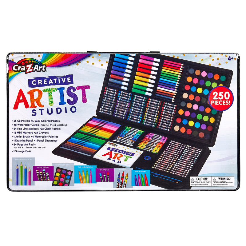 A 250-piece Cra-Z-Art Creative Art Studio, 250 Piece mega art set! featuring various colored pencils, oil pastels, markers, paints, brushes, a palette, drawing pad, and carrying case.