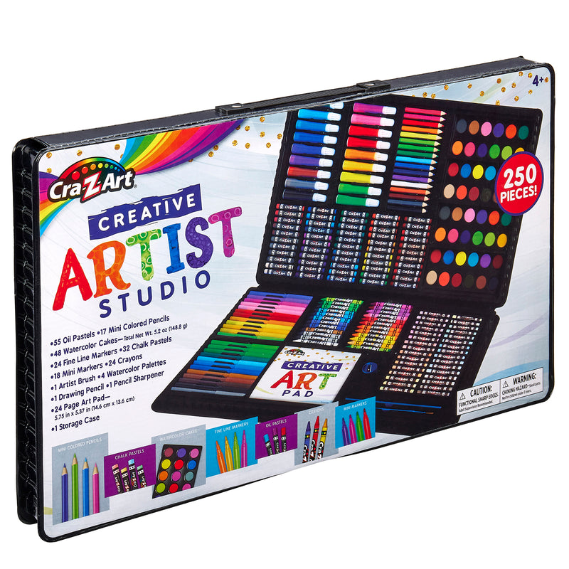A black case labeled "Cra-Z-Art Creative Art Studio, 250 Piece mega art set!" containing various art supplies like markers, colored pencils, pastels, crayons, and an art pad, with a note of 250 pieces included.
