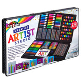 Art kit box labeled "Cra-Z-Art Creative Art Studio, 250 Piece mega art set!" containing 250 pieces including colored pencils, oil pastels, watercolor cakes, crayons, and an art pad, displayed with all contents visible.