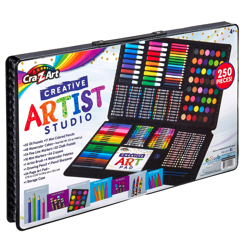 Art kit box labeled "Cra-Z-Art Creative Art Studio, 250 Piece mega art set!" containing 250 pieces including colored pencils, oil pastels, watercolor cakes, crayons, and an art pad, displayed with all contents visible.