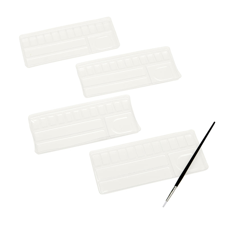 Four empty Cra-Z-Art Creative Art Studio, 250 Piece mega art sets! are arranged diagonally on a white background with a single black paintbrush placed alongside them.