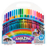 A plastic case containing 64 colorful art supplies, including crayons, markers, and broadline markers. The case is labeled "Cra-Z-Art Amazing Art Case 83 pieces" and features a rainbow design.