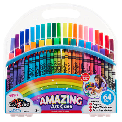 A plastic case containing 64 colorful art supplies, including crayons, markers, and broadline markers. The case is labeled "Cra-Z-Art Amazing Art Case 83 pieces" and features a rainbow design.