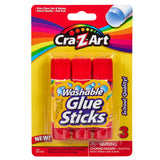 Package of 3 ct. Washable Glue Sticks, blister card, featuring three glue sticks with red caps. The packaging highlights "dries clear, fast & strong" and warns of small parts as a choking hazard.