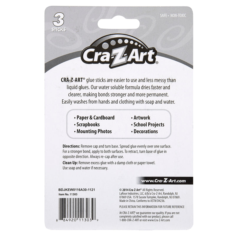 Back of a 3 ct. Washable Glue Sticks, blister card packaging detailing product uses, instructions, and safety information. Includes text stating it is safe and non-toxic with three glue sticks enclosed.