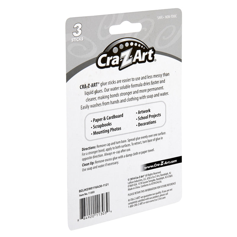 Back of a 3 ct. Washable Glue Sticks, blister card package detailing product features, suitable applications, and instructions. Features include being safe, non-toxic, and easy to wash off. The package contains three sticks.