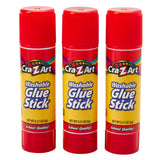 Three red tubes of 3 ct. Washable Glue Sticks, blister card, each containing 0.21 ounces (6g) of glue, with labels reading "School Quality!".