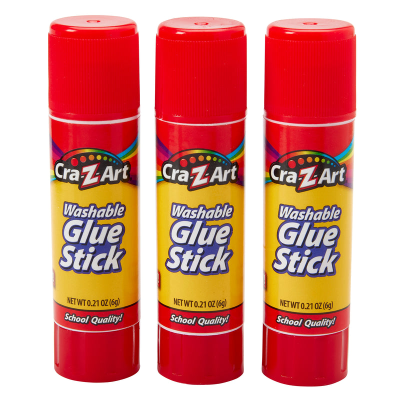 Three red tubes of 3 ct. Washable Glue Sticks, blister card, each containing 0.21 ounces (6g) of glue, with labels reading "School Quality!".