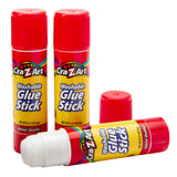 Three 3 ct. Washable Glue Sticks, blister card. Two are standing upright with caps on, and one is lying down with the cap removed, displaying the white glue.