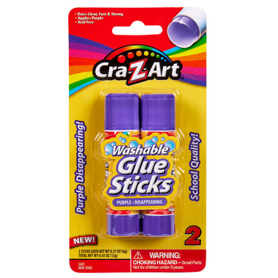Two 2 ct. Color Fade Glue Sticks in a yellow package, labeled "School Quality" and "Dries Clear," with a choking hazard warning for children under 3 years.