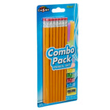 Image of a 14ct Yellow No.2 Pencil Pack: Stylish & Functional with Grips, Eraser Caps, Sharpener - School & Home Essential!, containing multiple yellow wooden pencils with erasers, extra erasers, and a sharpener, packaged in a blue blister pack labeled "Combo Pack Pencil Set".