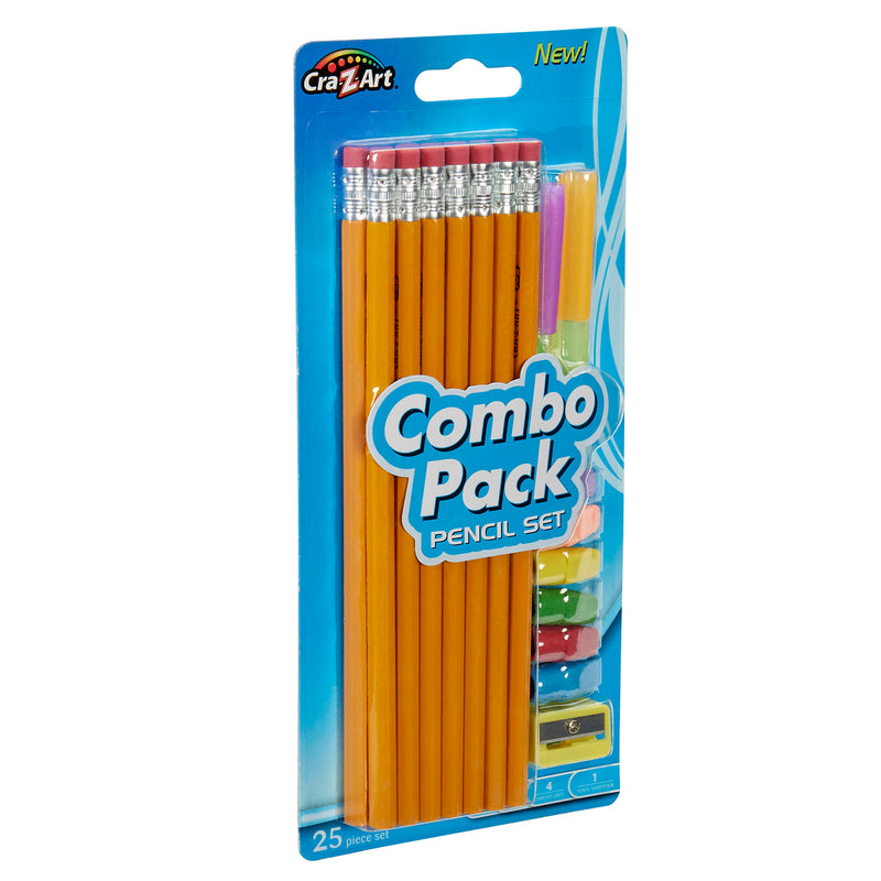 Image of a 14ct Yellow No.2 Pencil Pack: Stylish & Functional with Grips, Eraser Caps, Sharpener - School & Home Essential!, containing multiple yellow wooden pencils with erasers, extra erasers, and a sharpener, packaged in a blue blister pack labeled "Combo Pack Pencil Set".