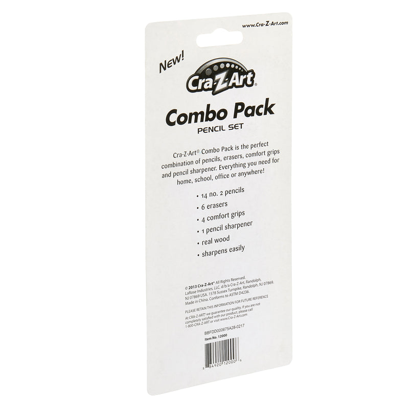 Back of 14ct Yellow No.2 Pencil Pack: Stylish & Functional with Grips, Eraser Caps, Sharpener - School & Home Essential! packaging, stating it includes 10 pencils, 6 erasers, 4 comfort grips, 1 sharpener, and is suitable for multiple settings.