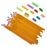A 14ct Yellow No.2 Pencil Pack: Stylish & Functional with Grips, Eraser Caps, Sharpener - School & Home Essential arranged on a white background.