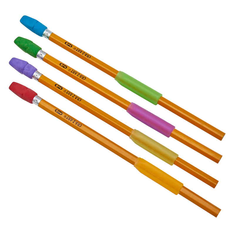 Four pencils from the 14ct Yellow No.2 Pencil Pack: Stylish & Functional with Grips, Eraser Caps, Sharpener - School & Home Essential are arranged diagonally. The erasers are green, blue, red, and purple, and each pencil has a matching colored grip.