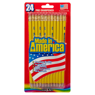 Packaging of Made in America No. 2 Pencils resharpened 24 Count by Cra-Z-Art, titled "Made in America". Features an American flag design and several quality claims such as premium quality, smooth writing, and real American cedar.