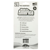 A pack of Made in America No. 2 Pencils resharpened 24 Count labeled "Made in America" by Cra-Z-Art. The packaging highlights features such as real wood, smooth writing, and durable erasers. An American flag and satisfaction guarantee are included.