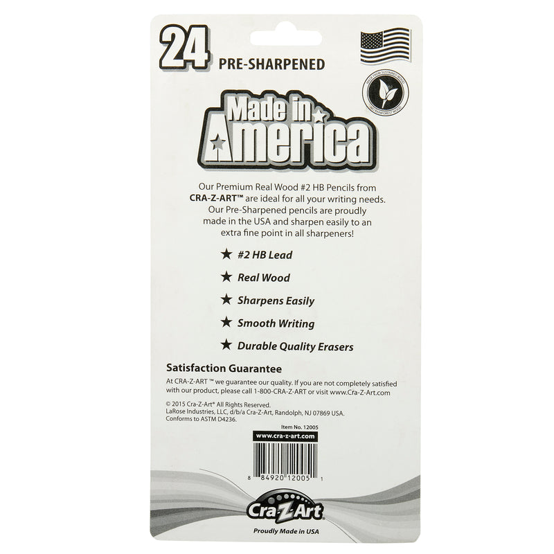 A pack of Made in America No. 2 Pencils resharpened 24 Count labeled "Made in America" by Cra-Z-Art. The packaging highlights features such as real wood, smooth writing, and durable erasers. An American flag and satisfaction guarantee are included.
