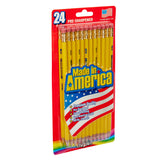 A pack of Made in America No. 2 Pencils resharpened 24 Count in a red package labeled "Made in America" with an American flag, highlighting premium quality, smooth writing, real American cedar, and HB No. 2 lead.