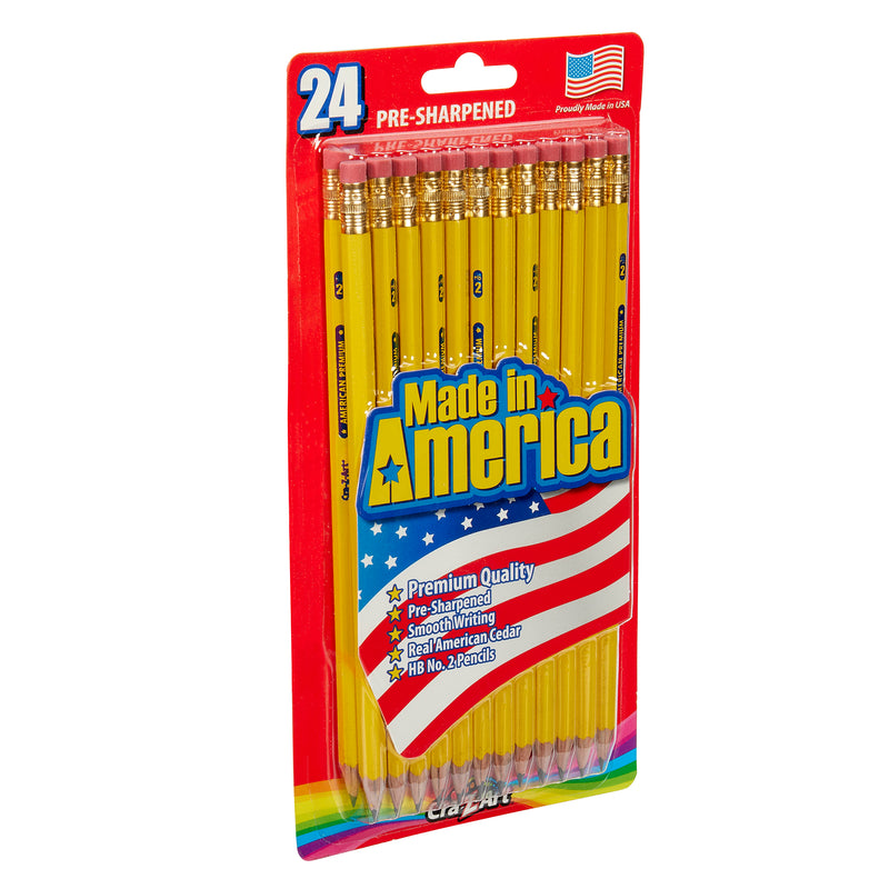 A pack of Made in America No. 2 Pencils resharpened 24 Count in a red package labeled "Made in America" with an American flag, highlighting premium quality, smooth writing, real American cedar, and HB No. 2 lead.