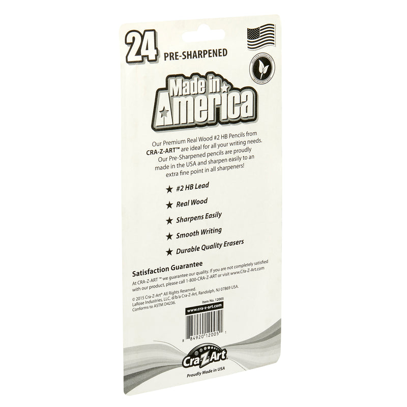 Back packaging of a 24 pack of Made in America No. 2 Pencils resharpened 24 Count, describing features like real wood, smooth writing, durable erasers, and a satisfaction guarantee.