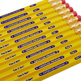 A close-up view of a bundle of yellow "Made in America No. 2 Pencils resharpened 24 Count," aligned side by side. Each pencil has a pink eraser and a gold-colored ferrule.