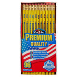 Box of USA Gold PREMIUM YELLOW 96 Count, containing 96 yellow pencils with pink erasers. The package features a red, white, and blue design with a claim of 100% American wood.