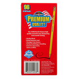 A box of USA Gold PREMIUM YELLOW 96 Count labeled "Premium Quality" contains 96 pencils. The box highlights features like break-resistant lead, smudge-free erasers, and suitability for writing, doodling, and classrooms.