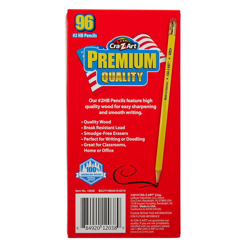 A box of USA Gold PREMIUM YELLOW 96 Count labeled "Premium Quality" contains 96 pencils. The box highlights features like break-resistant lead, smudge-free erasers, and suitability for writing, doodling, and classrooms.