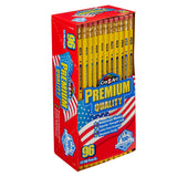A box of USA Gold PREMIUM YELLOW 96 Count pencils, containing 96 pre-sharpened yellow pencils, with American wood and latex-free erasers.