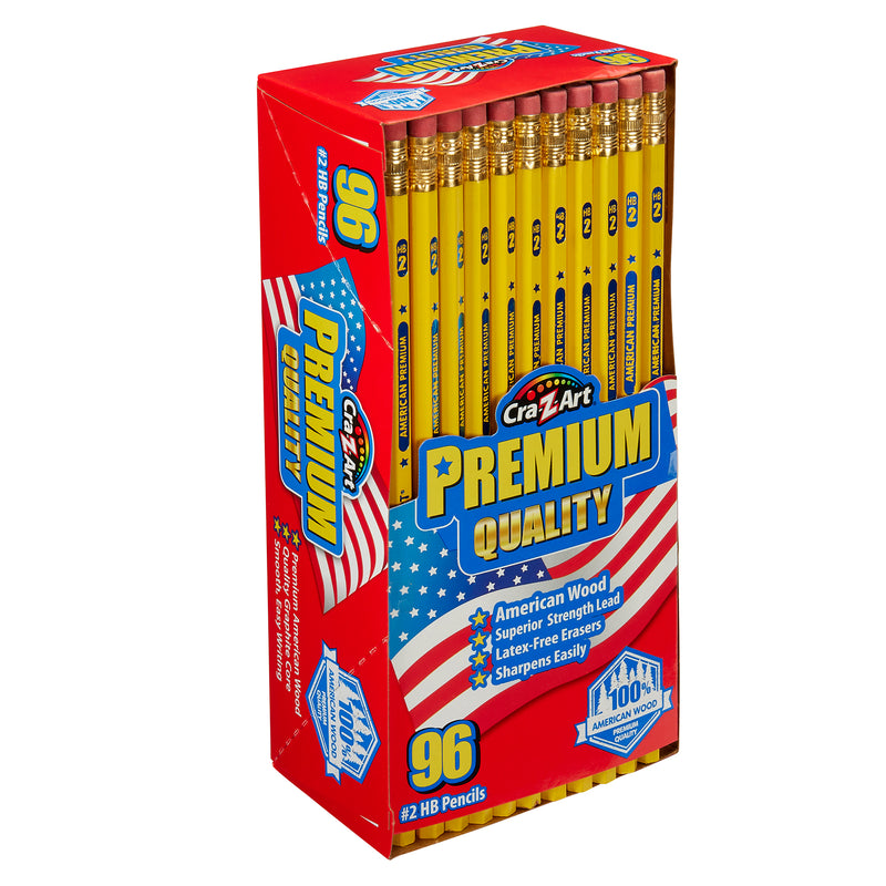 A box of USA Gold PREMIUM YELLOW 96 Count pencils, containing 96 pre-sharpened yellow pencils, with American wood and latex-free erasers.