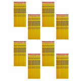 Seven groups of twelve USA Gold PREMIUM YELLOW 96 Count pencils with pink erasers are arranged in a grid pattern against a white background.
