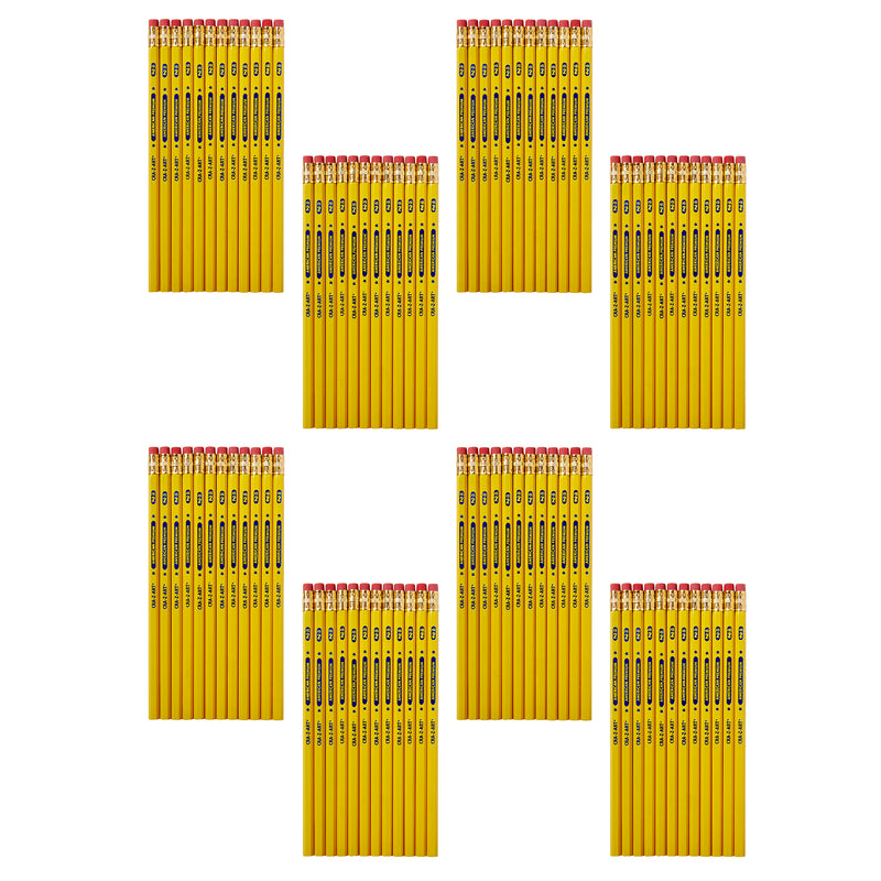 Seven groups of twelve USA Gold PREMIUM YELLOW 96 Count pencils with pink erasers are arranged in a grid pattern against a white background.