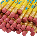 A close-up image of a pile of USA Gold PREMIUM YELLOW 96 Count pencils, all featuring pink eraser tips and metallic gold ferrules, arranged with the erasers facing upward.