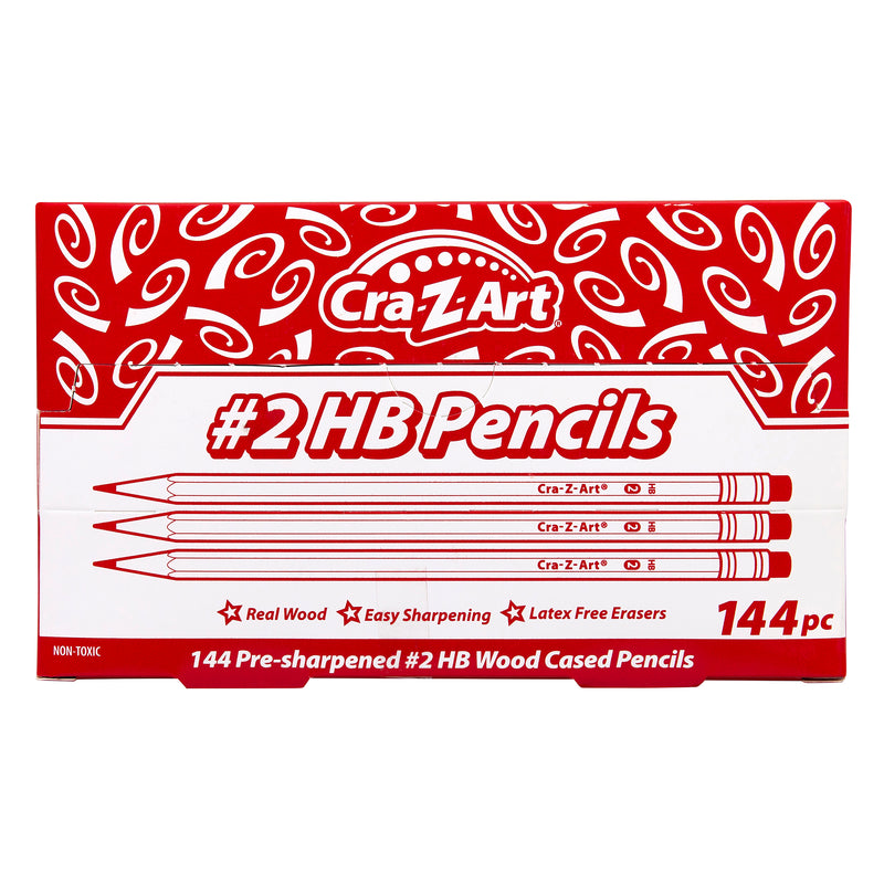 Image of a Cra-Z-Art branded box containing Cra-Z-Art #2 Pencils Dispenser Box 144 Count with latex-free erasers. Box highlights features like easy sharpening and real wood pencils.