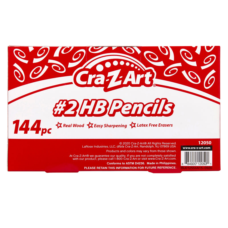 Front packaging of Cra-Z-Art #2 Pencils Dispenser Box 144 Count, highlighting features such as real wood, easy sharpening, and latex-free erasers. The package contains 144 pencils.