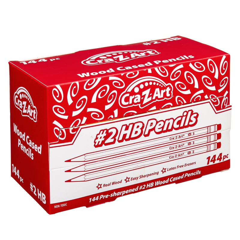 Red and white box of Cra-Z-Art #2 Pencils Dispenser Box 144 Count, contains 144 pre-sharpened pencils with latex-free erasers.